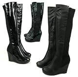 GILLJOR CALF STRETCH WOMANS WIDE LADIES KNEE HIGH WEDGE HEEL PLATFORM BLACK BIKER BOOTS SIZE 3 4 5 6 7 8
