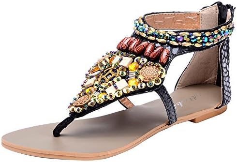 Odema Women's Summer Bohemian Beaded Beach Thong Flat Sandals