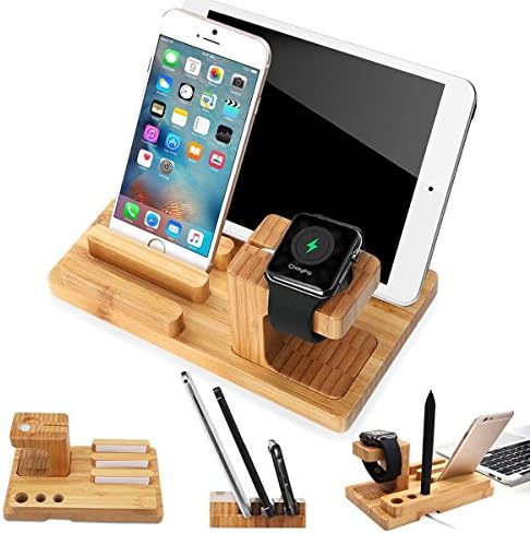 voocase 3-in-1 Bamboo Wood Charge Dock Stand for Apple Watch, Tablet, Smartphones, Pen Holder &amp; Docking Station Cradle Bracket (Bamboo Wood)