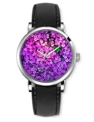 SPRAWL Aanalog Fashion Series Silver Ladies Watches of Genuine Black Leather Strap,Unique Wrist Watch for Women Girls Designed with Filled with purple flowers