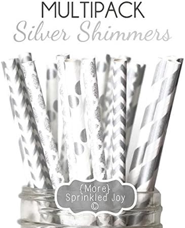 Designer Durable Disposable Drinking Paper Straws (25) - Silver Shimmers