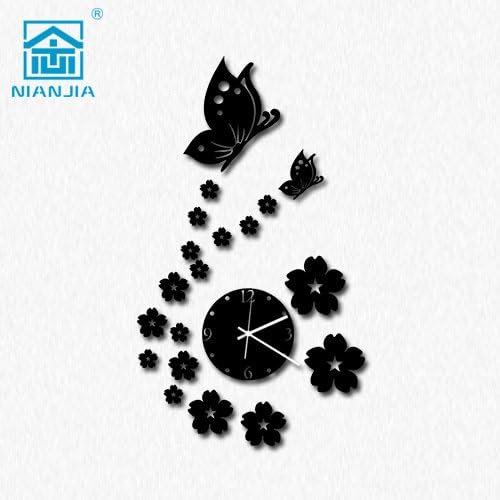 TONPAR Crystal 3D Home DIY wall sticker Butterfly mirror wall clock , black