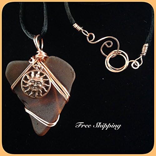 Amber Sea Glass Pendant from Monterey Bay Copper Wire Wrapped