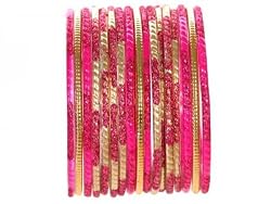 Beachcombers! Ethnic Glass Indian Bangles Belly Dance Bracelets Set Fuchsia Gold