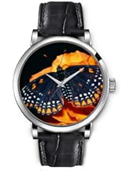 SPRAWL Aanalog Fashion Series Silver Ladies Watches of Genuine Black Leather Strap,Unique Wrist Watch for Women Girls Designed with Black butterfly on a flower