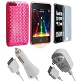 Clear Hot Pink Diamond TPU Rubber Skin Case + White Rapid Car Charger + White Travel Charger + Reusable Screen Protector for iPod Touch Gen 2 / 3