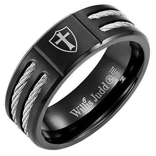 Willis Judd Mens Christian Cross Knights Templar Shield Black Titanium Ring In Velvet Ring Box
