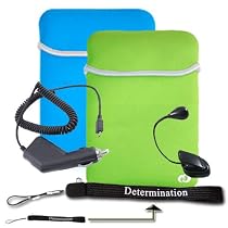 Kindle DX Kroo Reversible Sleeve (Green/Blue) + USB Data Cable + Black Car Charger + Black E-Reader Light + Determination Strap (Combo)