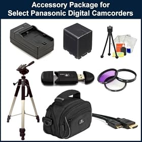 Accessory Package for Panasonic HC-X800/ HC-X900/HC-X900M/HDC-HS900/HDC-SD800/HDC-SD900/HDC-TM900 Camcorders. Package Includes: Replacement VW-VBN260 Battery Pack , Rapid Travel Charger, 3 Piece Filter Kit(UV-CPL-FLD), HDMI Cable, Full Size Tripod, Table Top Tripod, LCD Screen Protectors, Cleaning K