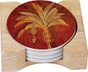 CounterArt Patterned Palm Design Round Absorbent Coasters in Wooden Holder, Set of 4