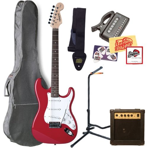 Fender Starcaster Strat Electric Guitar Bundle with 10-Watt Amp, Gig Bag, Guitar Stand, Strings, Tuner, Strap, Picks, and Polishing Cloth - Fiesta Red