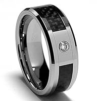 8MM Men's Tungsten Carbide DIAMOND Ring .065 Carat Wedding Band With Carbon Fiber Inaly Size 7.5
