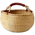 Basket African Bolga Straw w/ Leather Handle Natural - Bamboula #BSKG18