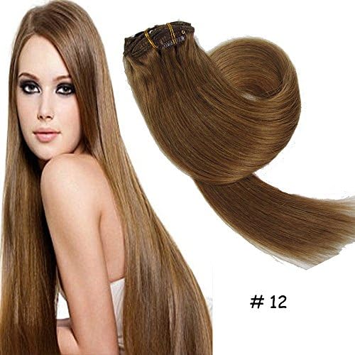 Clip-in Hair Extensions 100% Remy Human Hair 12# Light Brown 7pcs 22 inch 80g