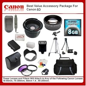 Best Value Accessory Package For Canon EOS 5D includes: 8GB Hi Speed Error Free Memory Card, Hi Speed Card Reader, 2 Batteries & Charger, Hard Flower lens Hood, 0.5x Professional Wide Angle Lens , 2X Telephoto Lens, 50 Inch tripod, Digital Video Flash, Flash Diffuser and More...THIS LENS WILL ATTACH