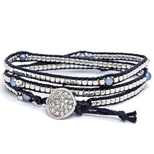 Heirloom Finds Matte Silver Bead Freshwater Pearl and Black Cord Wrap Bracelet with Crystal Pave Button