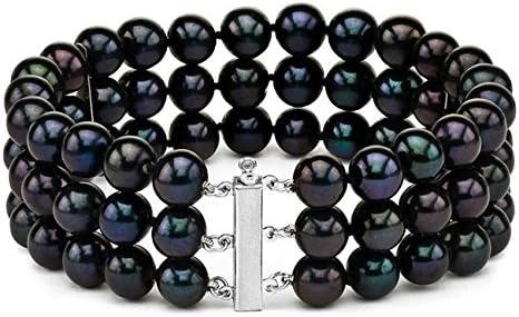 3-strand Freshwater Black Cultured Pearl Bracelet AAAA White Gold 8mm