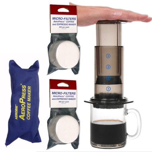 Read About AeroPress Coffee and Espresso Maker with zippered nylon tote bag and an Extra 350 Micro F...