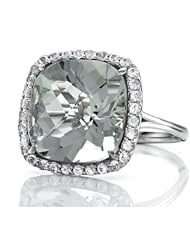 Anti Tarnish Sterling Silver 14mm Cushion Cut Mint Green Quartz and Round White Sapphire Ring