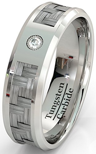 Mens Wedding Band Tungsten Ring Carbon Fiber Inlay Brilliant CZ High Quality Tungsten Carbide 8mm Comfort Fit