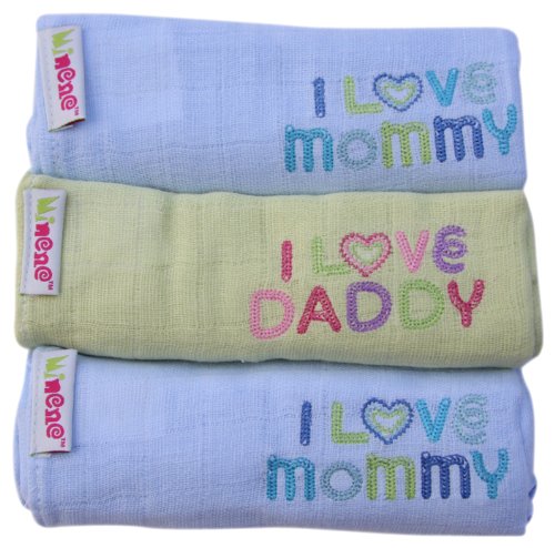 Imagen principal de Minene - Gasas para bebés, diseño I Love Mummy/ I Love Daddy, color azul/verde (3 unidades)