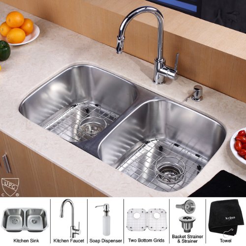32 in. 50/50 Double Bowl Kitchen Sink  &  Faucet w Soap Dispenser