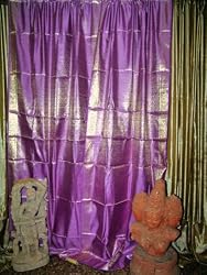 2 Violet Gold Brocade Silk Sari Curtains Drapes Panels Window Dressing 96