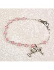 First Holy Communion Childrens Girls Rosary Bracelet 6 1/2" 5mm Bead Genuine Pink Tin Cut Crystal with Sterling Silver Cross & Chalice Charms. Perfect for Christmas, Church, First Communion, Easter, Graduation, Sunday Dress, Easter or Birthday.