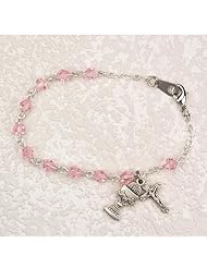 Catholic Great for First Communion, 6.5" Rosary Girls Bracelet, 5mm Pink Crystal Beads & Sterling Silver Chalice & Crucifix Charms.