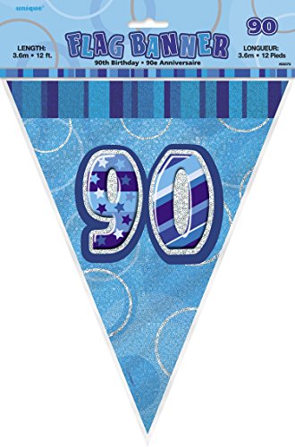 12ft Blue Sparkle Happy 90th Birthday Pennant Flag Banner Party Decoration .