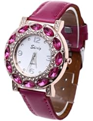 Womens Quartz Wristwatch Fuchsia Leather Band Crystal Dial Arabic Numeral Mark