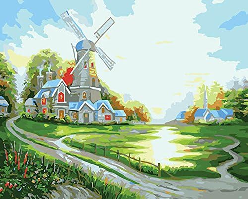 DIY oil painting by number kit - Happy hut Large windmill 16x20 inch Frameless