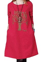 Cotton/Linen Dots Print Midi Dress 