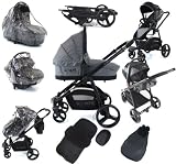 i-Safe System - Black Grey Travel System Pram & Luxury Stroller 3 in 1 Complete With Footmuff, Head support, Carseat Footmuff, All the Raincovers iSafe