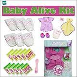 Hasbro Baby Alive Accessory Bundle With Hasbro 18655 Baby Alive Diapers 6 Pack - Hasbro 18654 Baby Alive Doll Food - Hasbro 18650 Baby Alive Sweet Slumbers Dress Up Set - Hasbro 18931 Baby Alive Cute N Comfy Hoodie Set for Hasbro 18954 Baby Alive