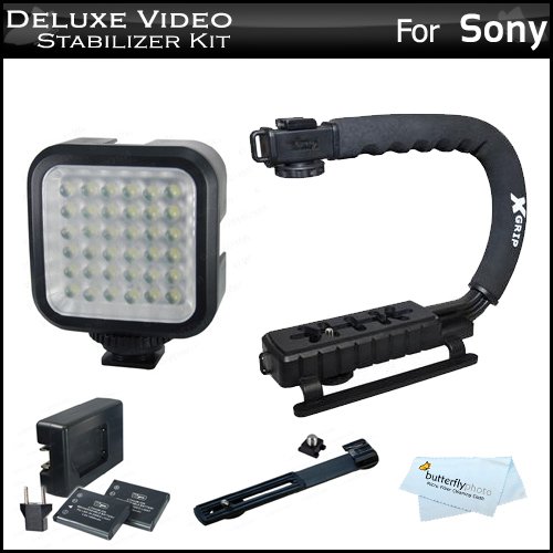 Deluxe LED Video Light + Video Stabilizer Kit For Sony HDR-CX560V High Definition Handycam Camcorder Includes Pro X-GRIP Camcorder Action Stabilizing Handle + Deluxe LED Video Light Kit with Support Bracket + 2 Li-Ion Batteries and Charger + More