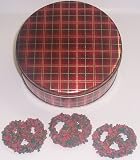 Scott's Cakes 1 lb. Dark Chocolate Covered Pretzel with Christmas Jimmies & Chocolate Chips in a Plaid Tin