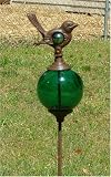 Outdoor Living : Basking Bird Rustic Iron Garden Stake with Green Gazing Globe