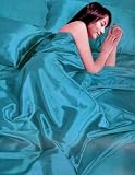 Sky Blue Satin 6Pcs Fitted Sheet Duvet Quilt Cover Bed Set, Double
