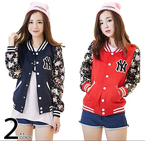 [Kapua] フラワー プリント スタジャン カジュアル ブルゾン レディース（ ネイビー / レッド ）