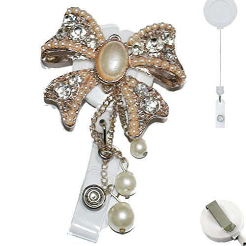 Exreate TM Luxury Bow Butterfly with Pearl Rhinestones ID Badge Belt Reel Flexible Retractable Holder with Clip Backin