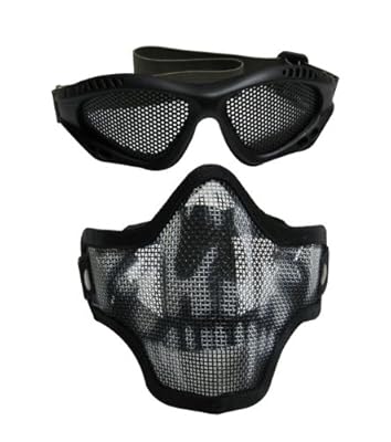 【 サバゲー 2個 セット 】 ハーフ メッシュ マスク スカル 骸骨 ガイコツ + ゴーグル ブラック 黒 サバイバルゲーム 装備
