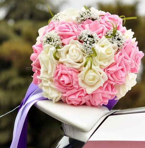 High Quality Romantic Heart Shape Rose Artificial Wedding Bouquet of Flowers (Two Colors to Choose) (pink&white)