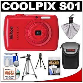 Nikon Coolpix S01 Digital Camera (Red) with Case + Tripods + Accessory Kit