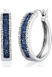 Sterling Silver Blue and White Diamond Hoop Earrings (1/10 cttw)