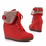 Damen Schuhe, STIEFELETTEN, KEIL WEDGES SCHNÜR BOOTS, SD12-E11, Synthetik in hochwertiger Wild Leder Optik, Rot, Gr 39