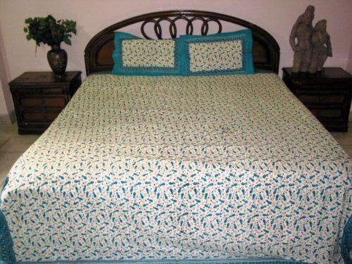 3pc Bedspread Floral Print Turquoise Blue Cream Base Cotton Bedspreads