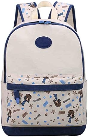 Tinotrade Girly School Backpack Cute Canvas Book Bags for Teens (Beige+Navy Blue)