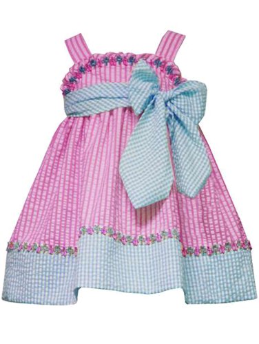 Rare Editions Baby/Infant Girls 3M-24M 2-Piece FUCHSIA-PINK BLUE WHITE BOW FRONT SEERSUCKER BABYDOLL Spring Summer Party Dress
