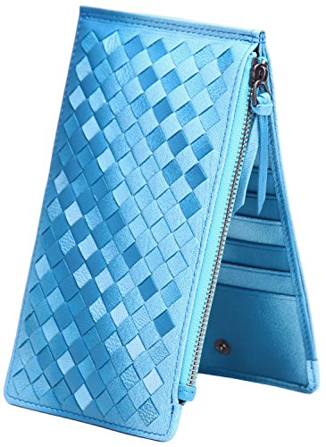 Borgasets Women's Genuine Leather Zipper Wallet Card Case (Gradual Change Weave-azure)